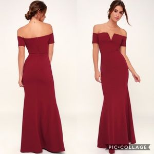 Lulus LYNNE BURGUNDY OFF-THE-SHOULDER MAXI DRESS